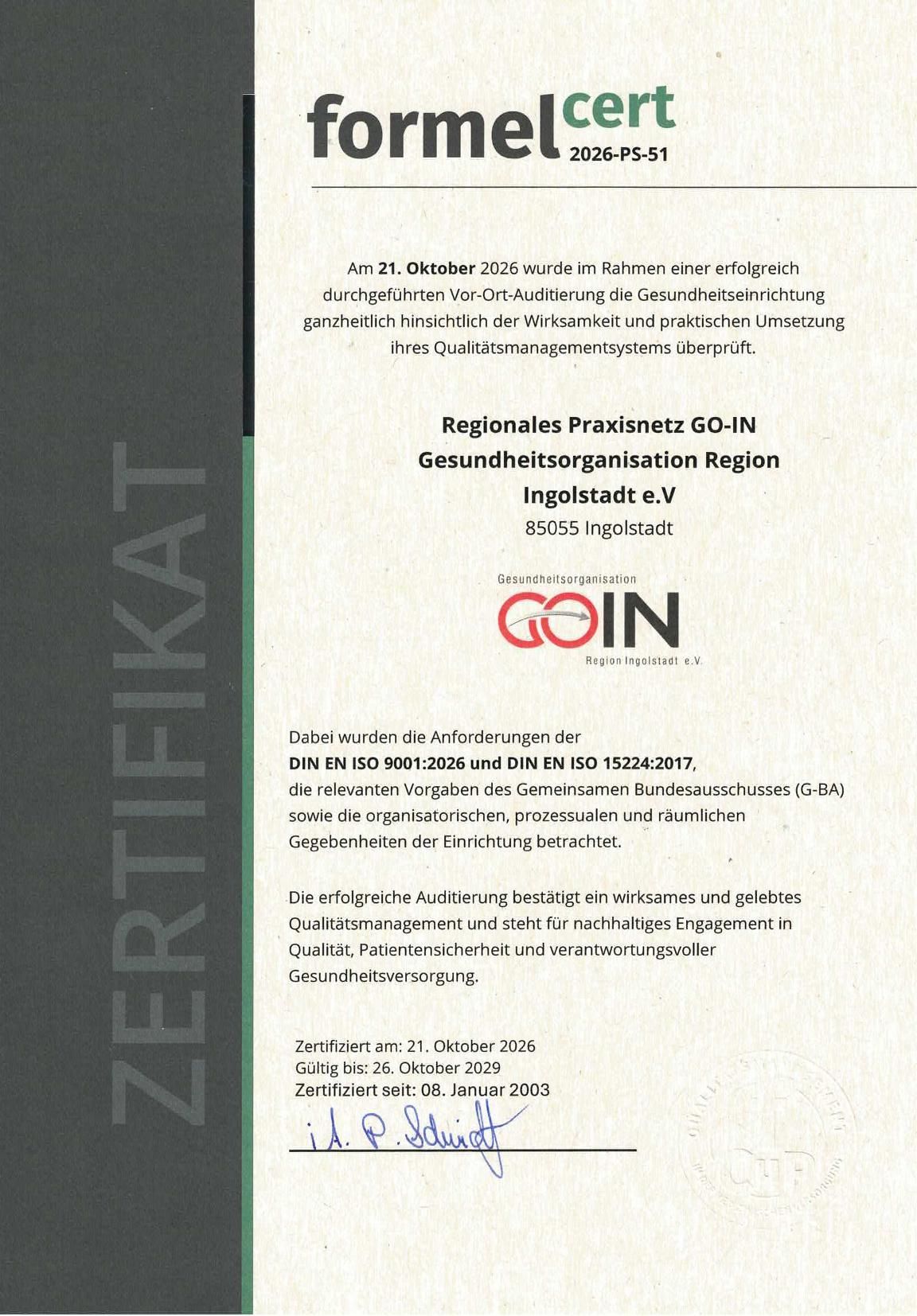 Zertifikat Qualitätsmanagement, Anerkennung nach DIN EN ISO 9001:15 und DIN EN ISO 15224:2017