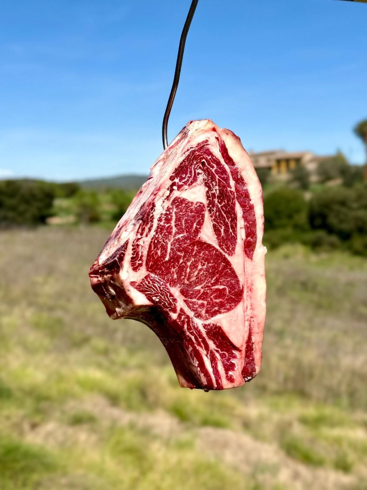 Filete crudo veteado colgando de una cuerda al aire libre contra un campo de hierba borroso y el cielo azul.