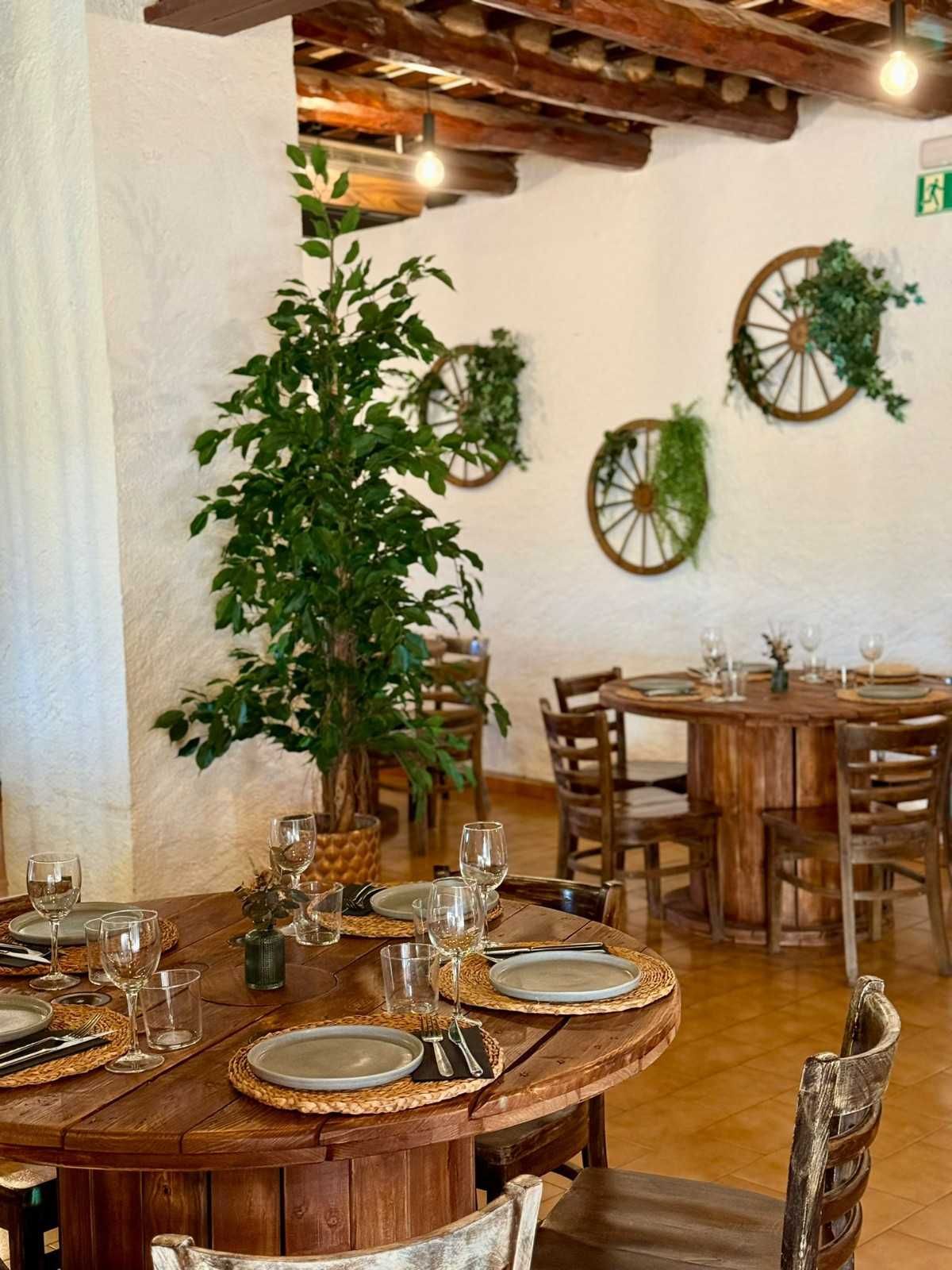 Comedor rústico con mesas de madera, vajilla puesta, árbol en maceta y espejos en las paredes blancas.
