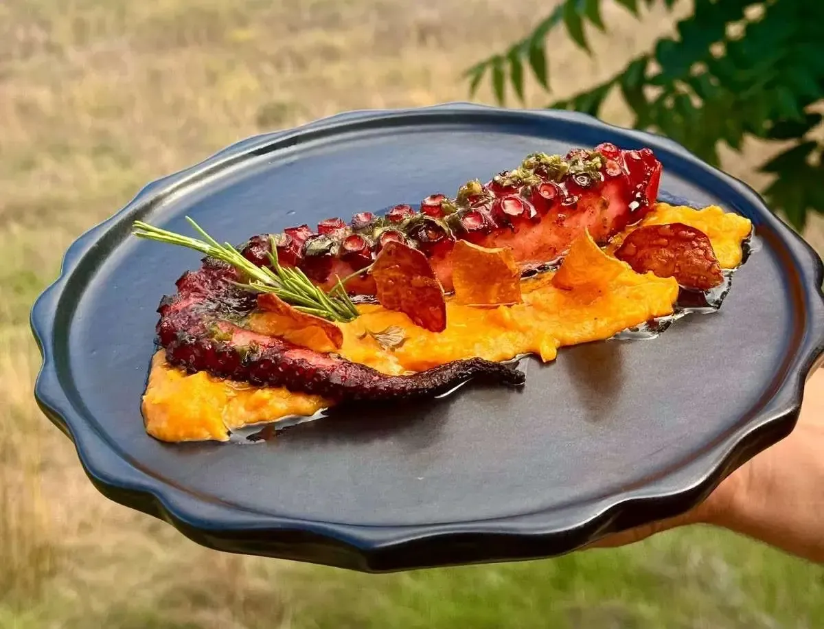 Pulpo a la parrilla en un plato negro con puré de naranja y salsa roja, adornado con hierbas al aire libre.