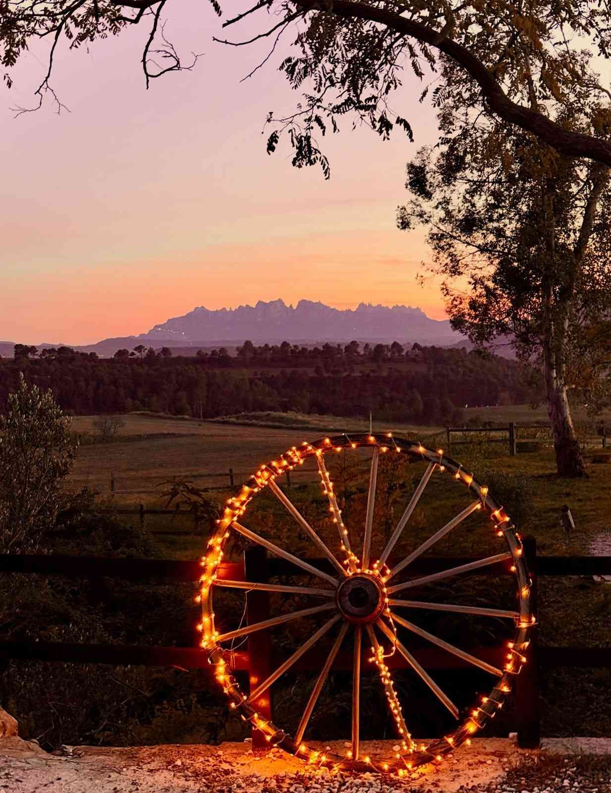 Una noria iluminada con luces naranjas al anochecer, enmarcada por ramas de árboles, con montañas en la distancia.