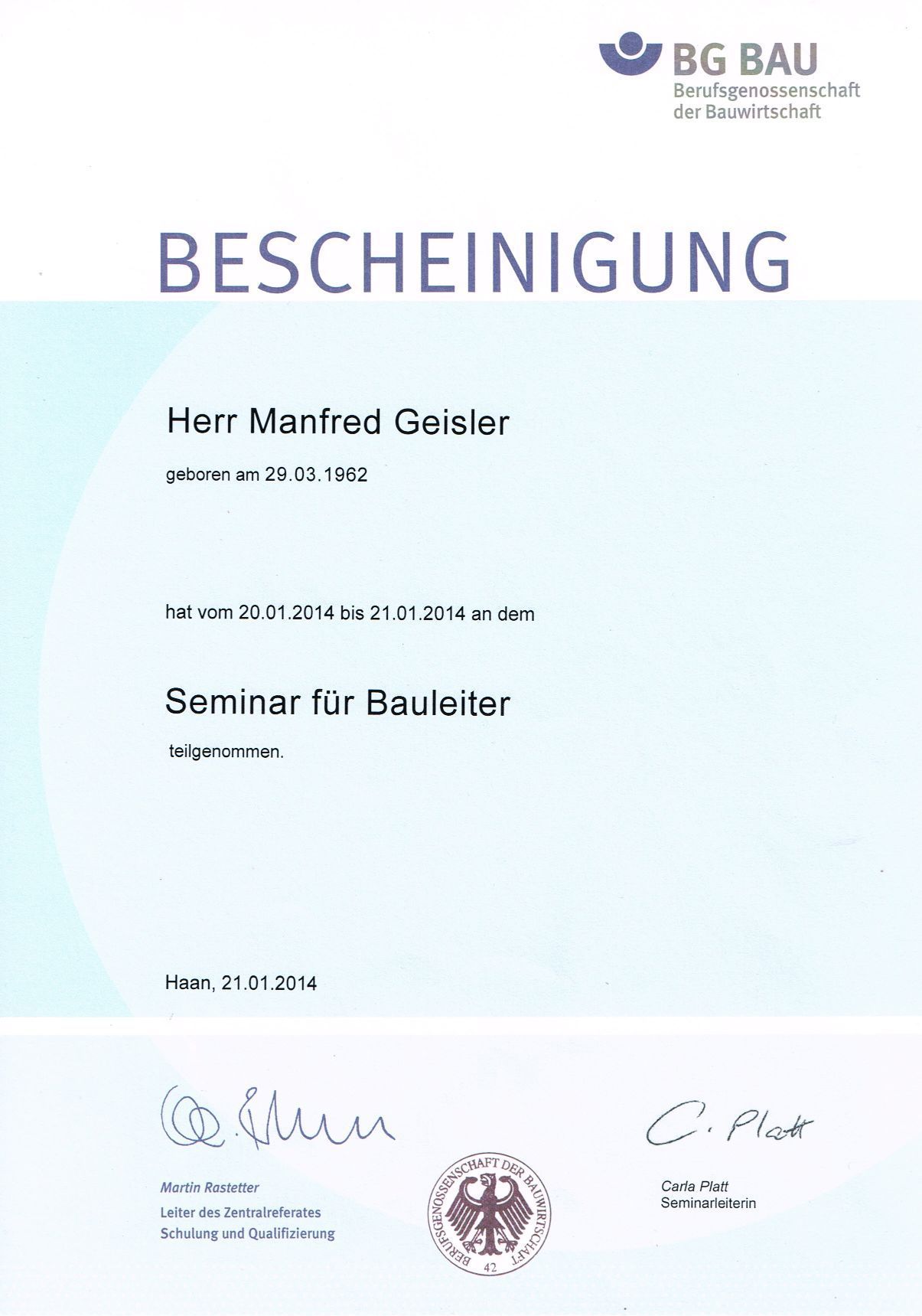 Bescheinigung BG Bau