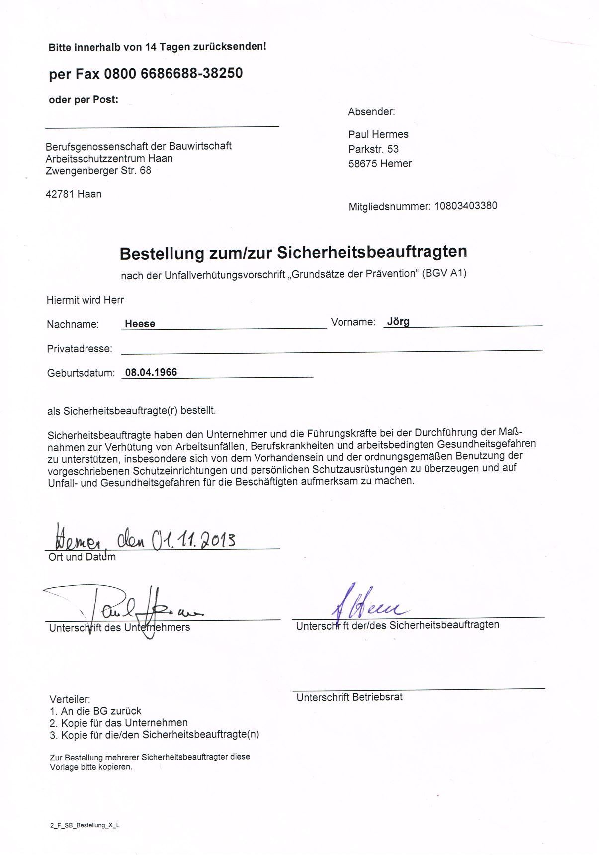 Bescheinigung zum Sicherheitsbeauftragten