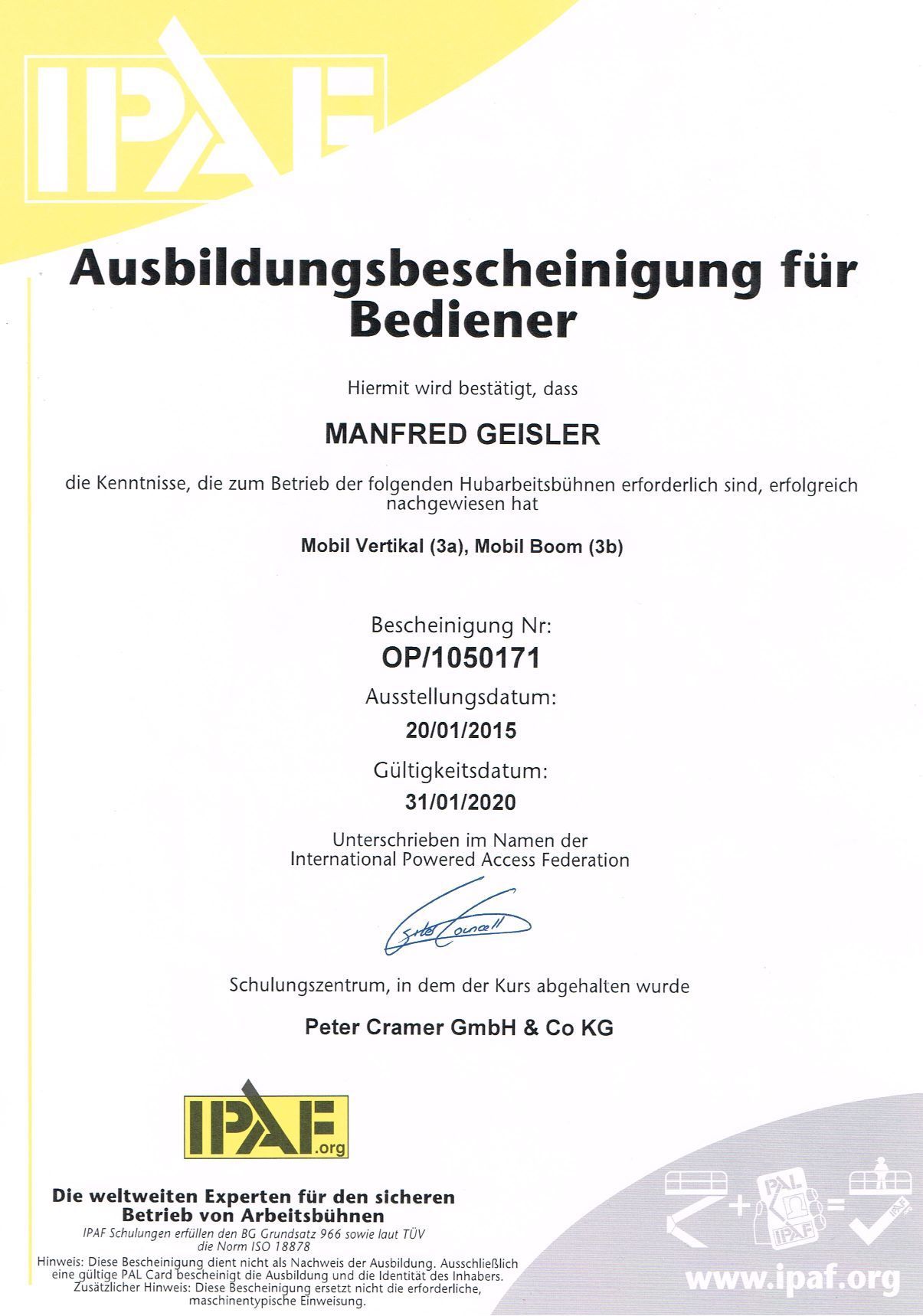 IPAF Bescheinigung