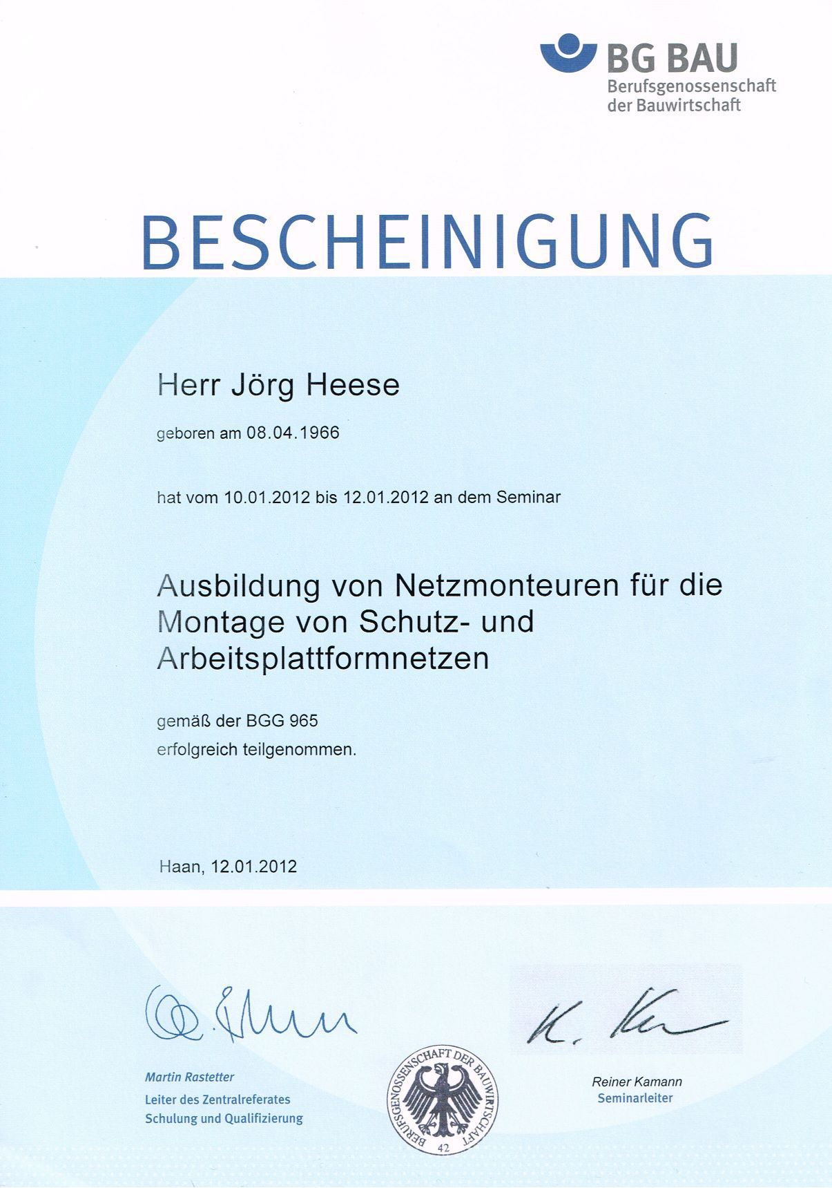 BG Bau Bescheinidung