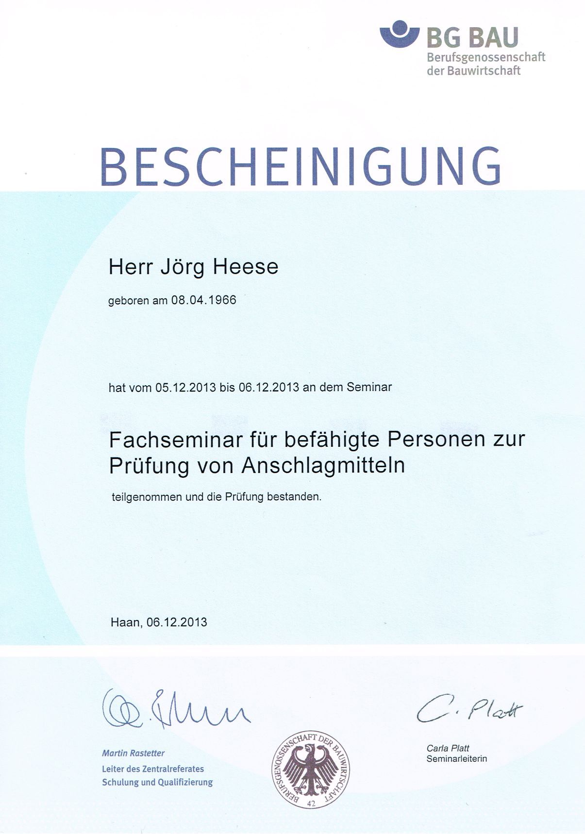 BG Bau Zertifikat