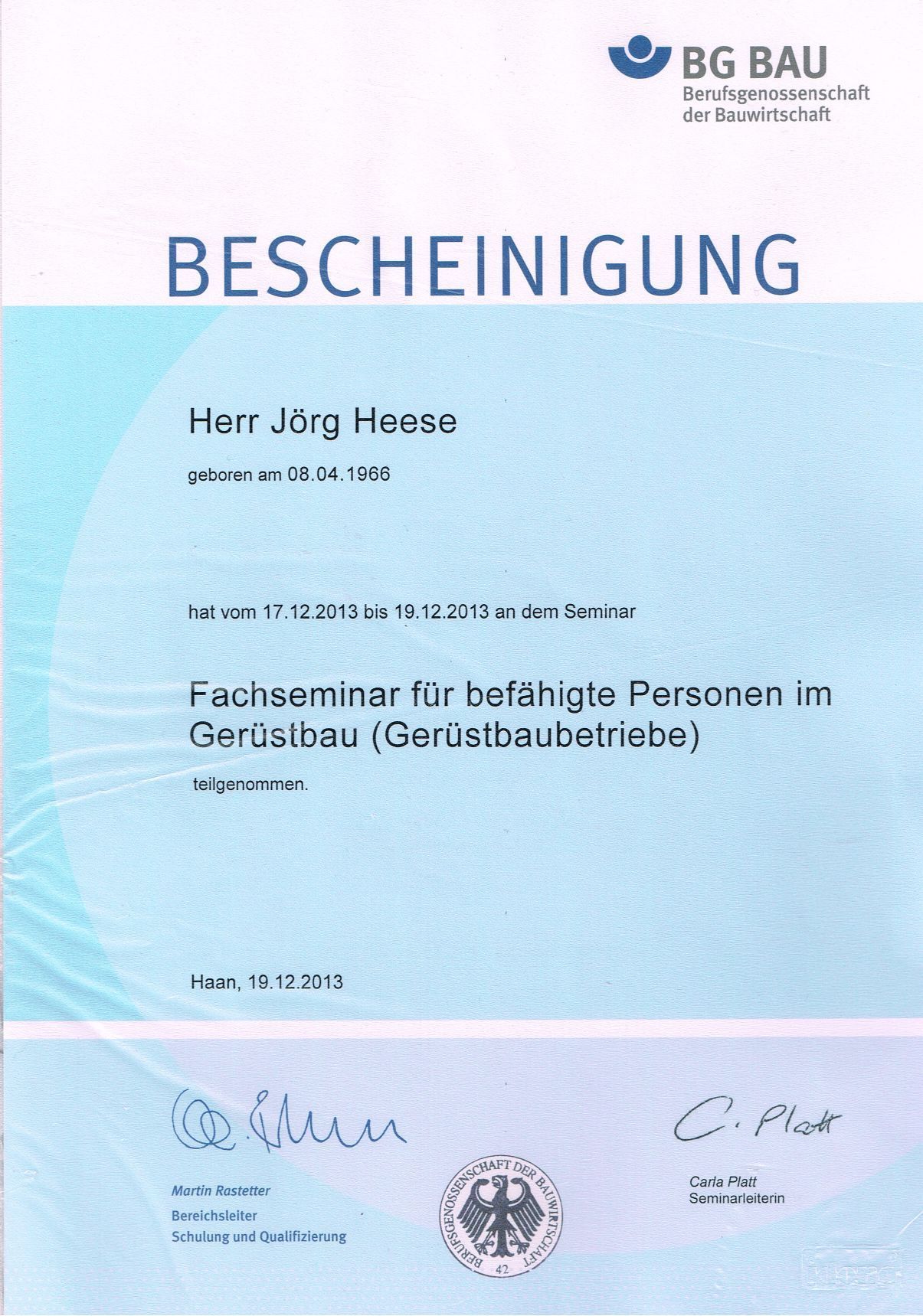 Becheinigung Heese BG Bau