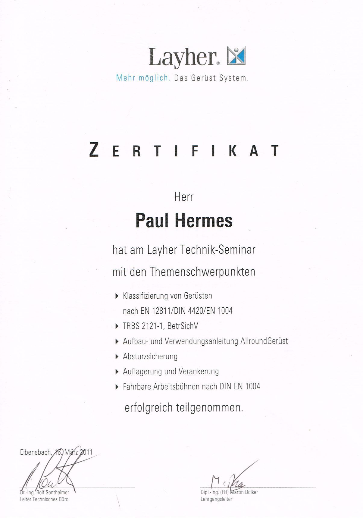 Layher Zertifikat
