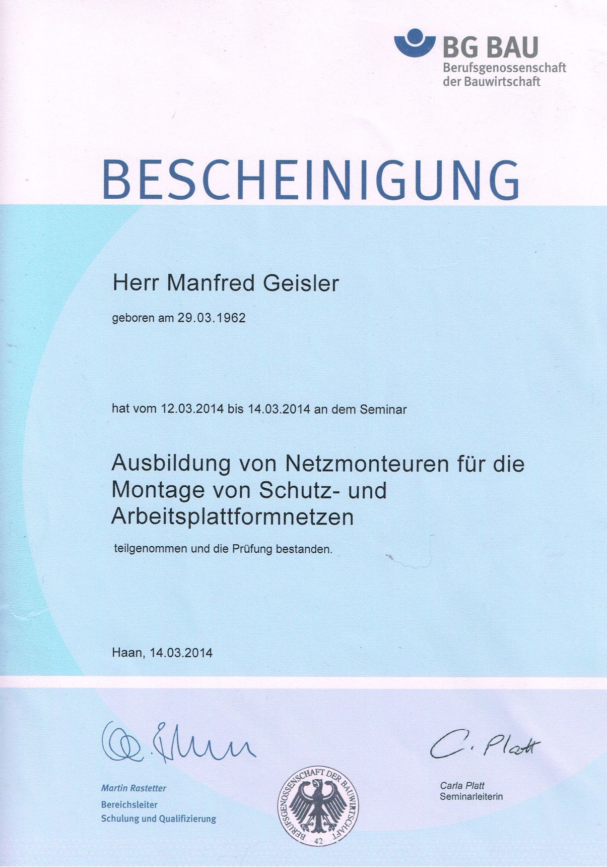 BG BAU Bescheinigung