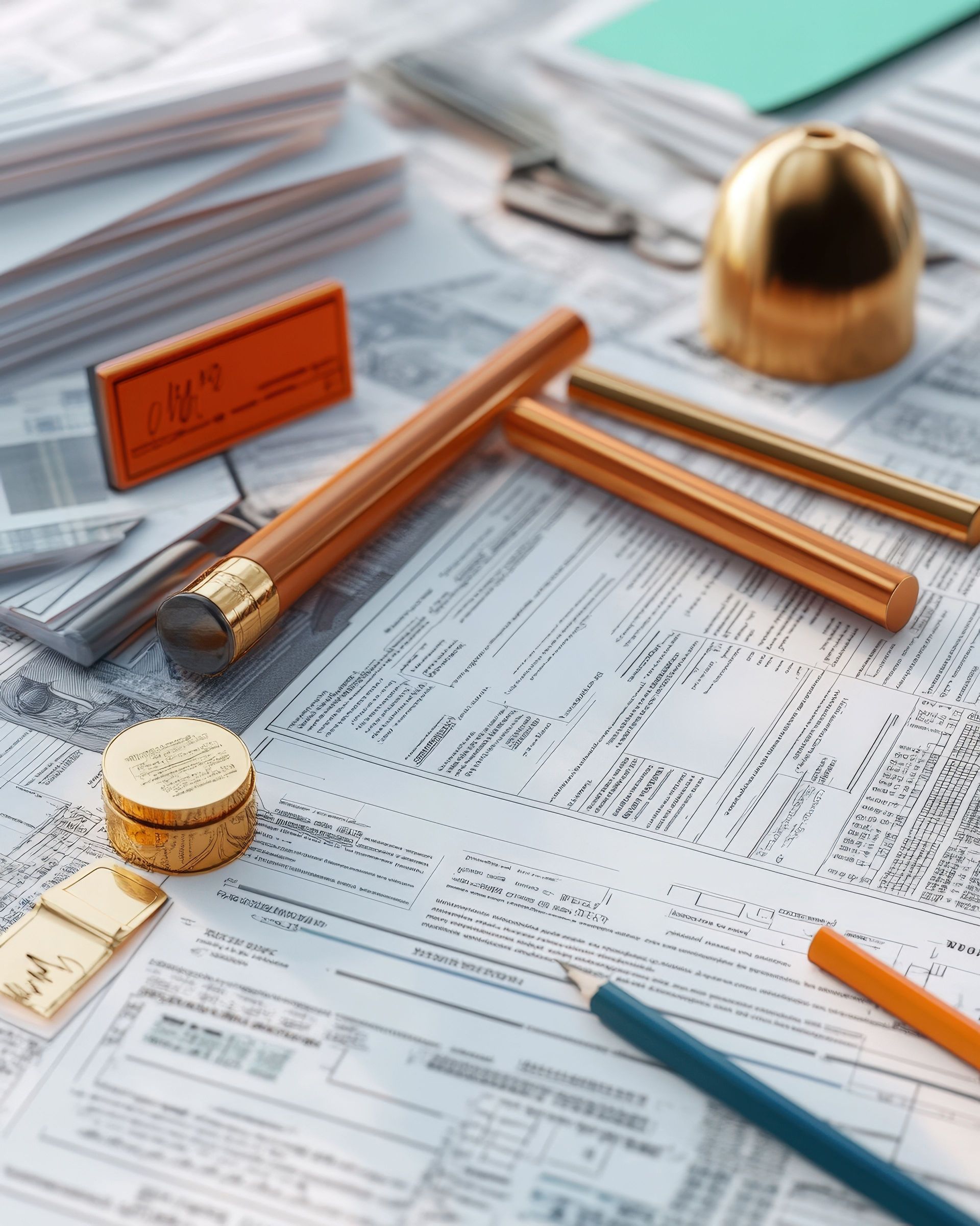 Des documents et des fournitures de bureau, dont un timbre, des stylos et une clochette dorée, sont éparpillés sur une table.