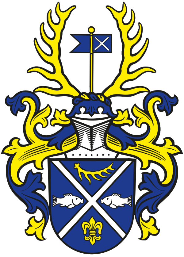Blaues und goldenes Wappen mit gekröntem Schild und gekreuzten Zierelementen