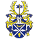 Blaues und goldenes Wappen mit gekröntem Schild und gekreuzten Zierelementen