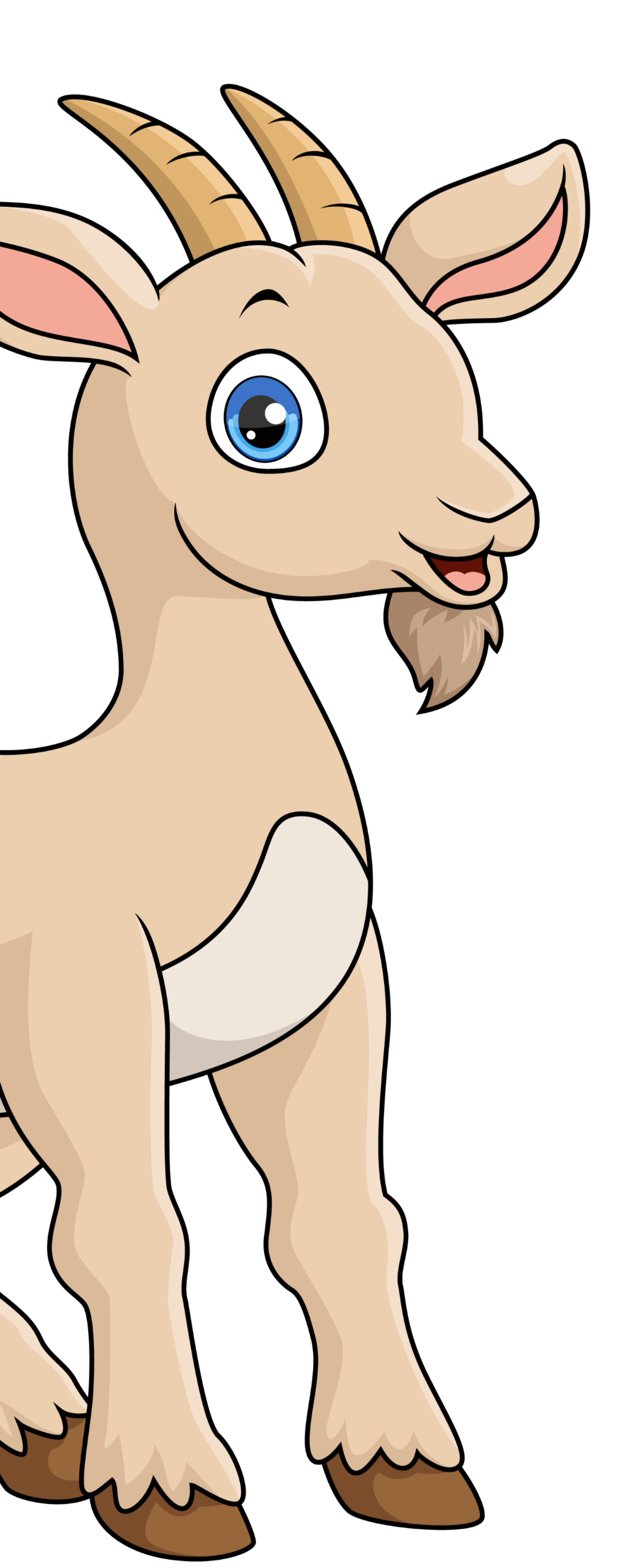 Chèvre de dessin animé au pelage brun clair, aux yeux bleus et aux petites cornes. Elle sourit et se tient debout.