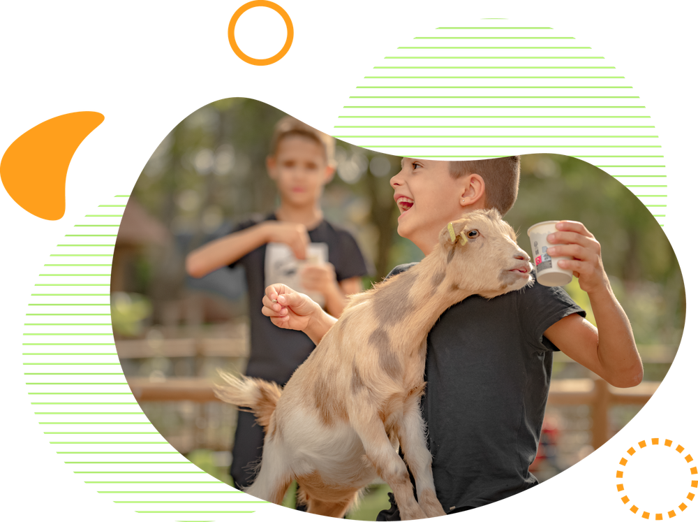 Un garçon donne du lait à une chèvre ; un autre garçon les observe. Tous deux sourient en plein air.