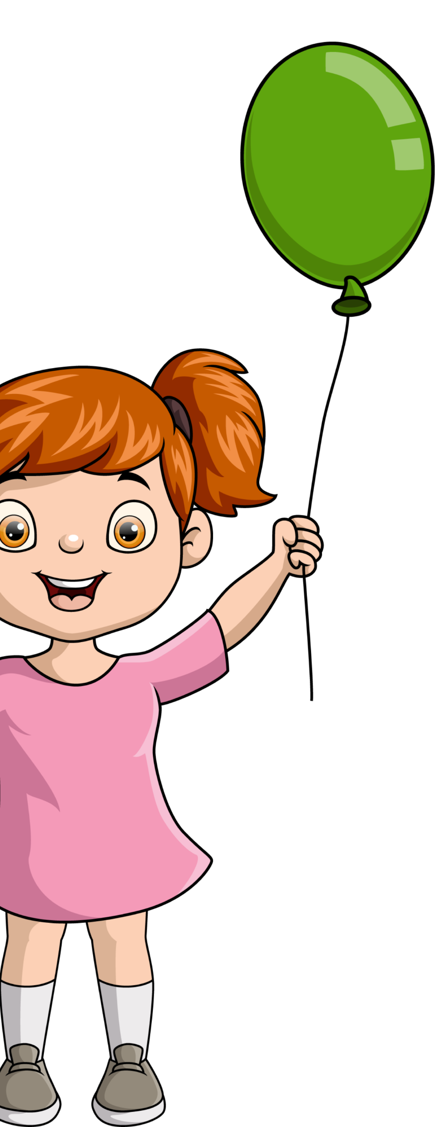 Une fille aux cheveux roux tient un ballon vert. Elle porte une robe rose et sourit.