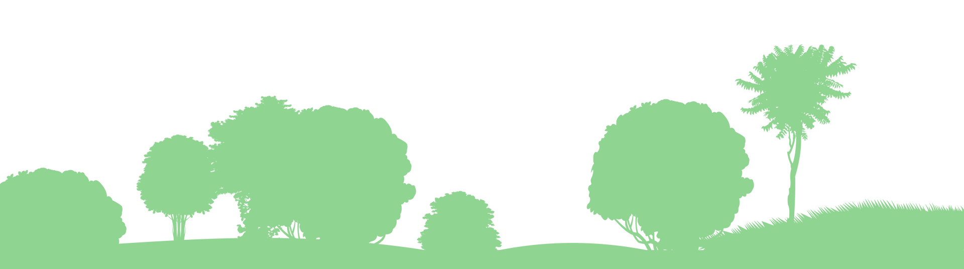 Silhouette verte d'arbres et de collines herbeuses sur fond blanc.