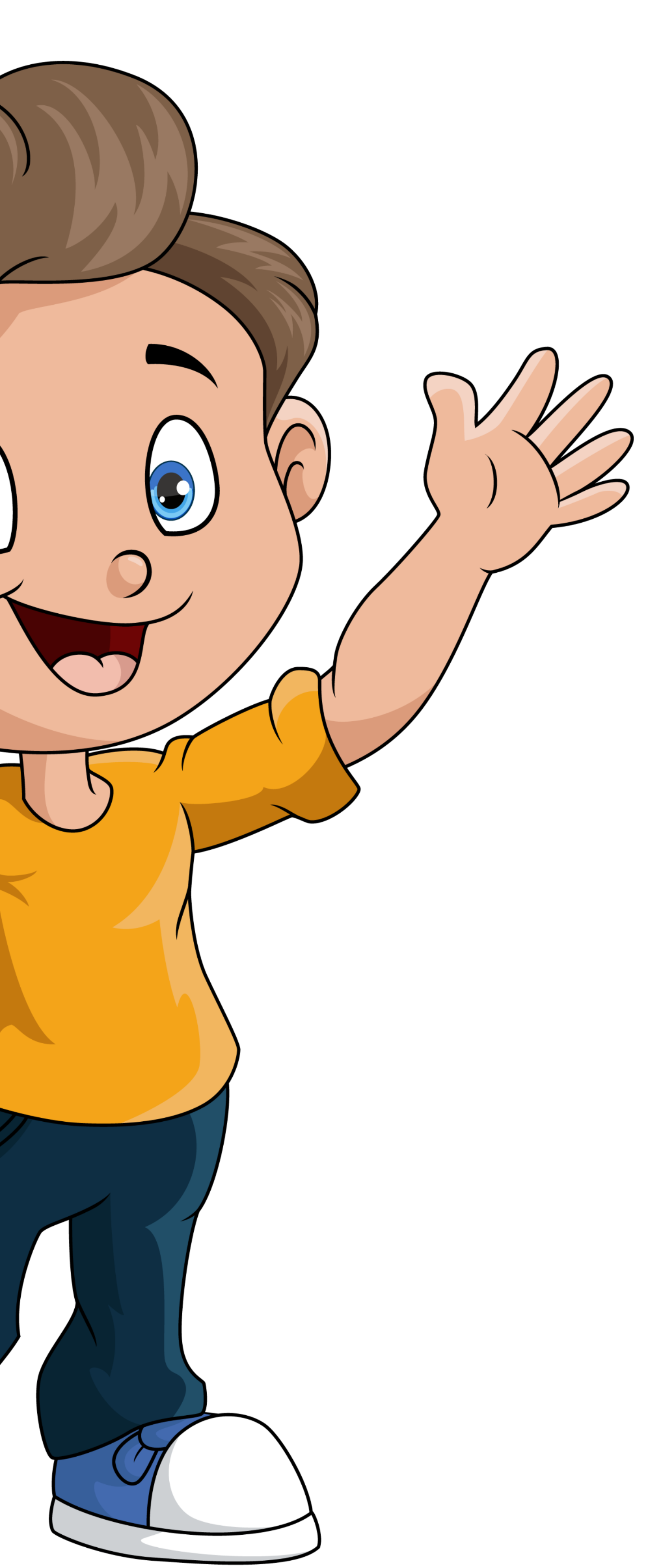 Garçon faisant signe de la main, vêtu d'une chemise orange, d'un pantalon bleu et de chaussures bleues, souriant.