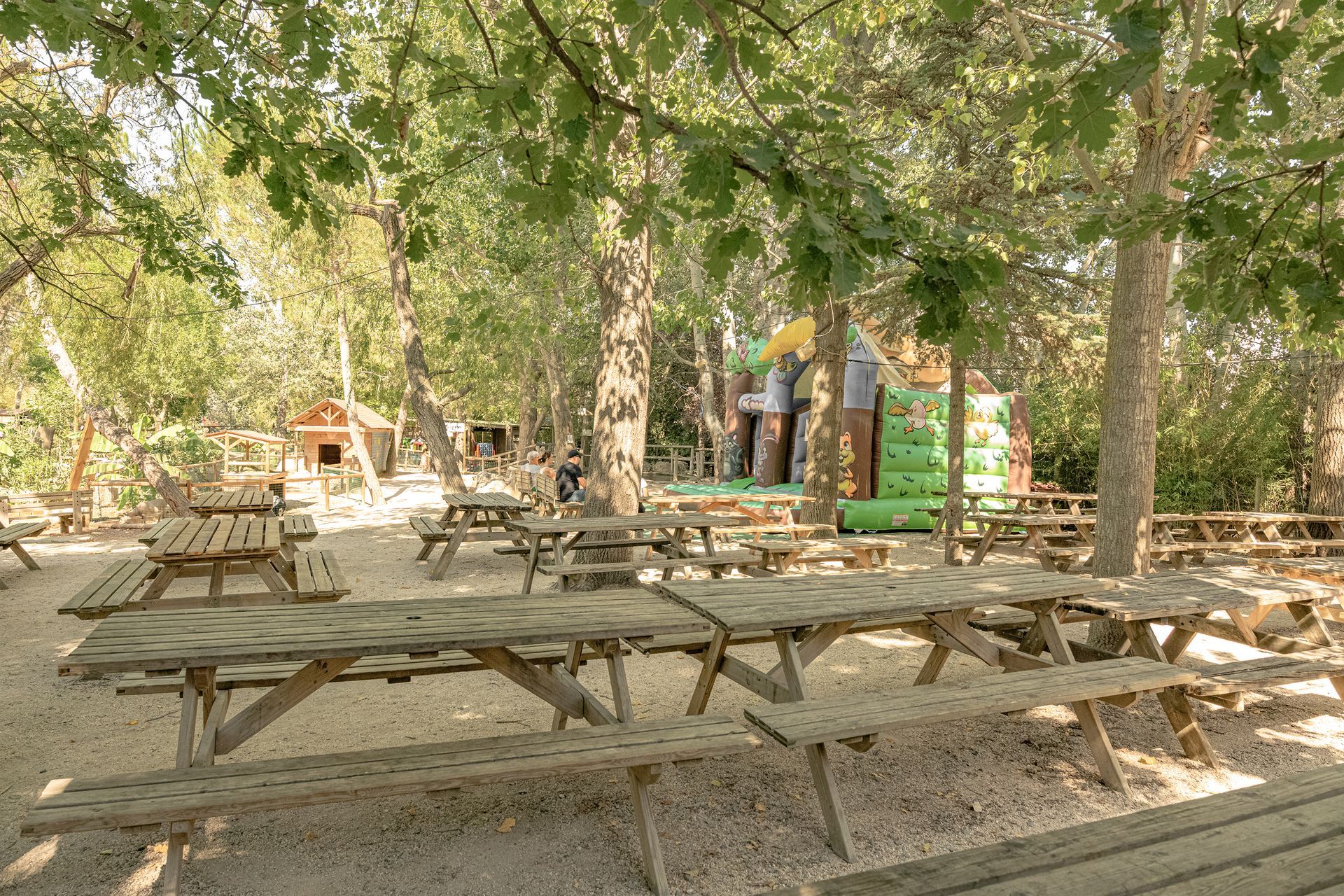 Tables de pique-nique dans un parc ombragé, avec un château gonflable en arrière-plan.