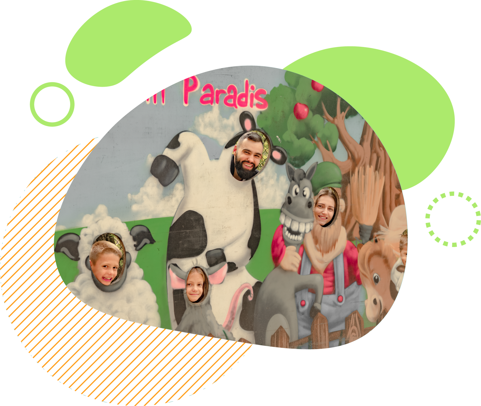 Des personnes posent pour une photo devant une silhouette d'animaux de la ferme.