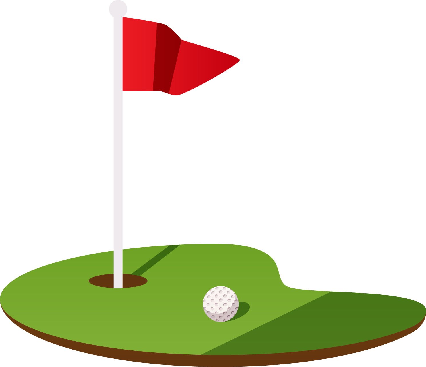 Balle de golf sur le green près du trou, un drapeau rouge flottant au vent.