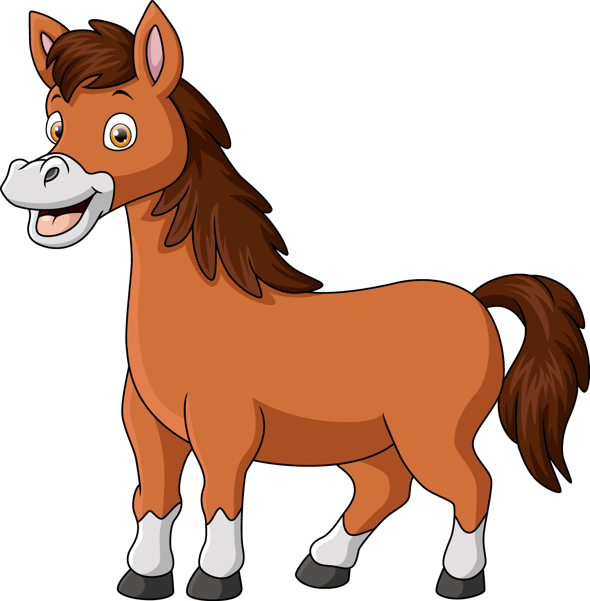 Cheval de dessin animé au corps, à la crinière et à la queue bruns. Souriant, avec un museau et des sabots blancs.