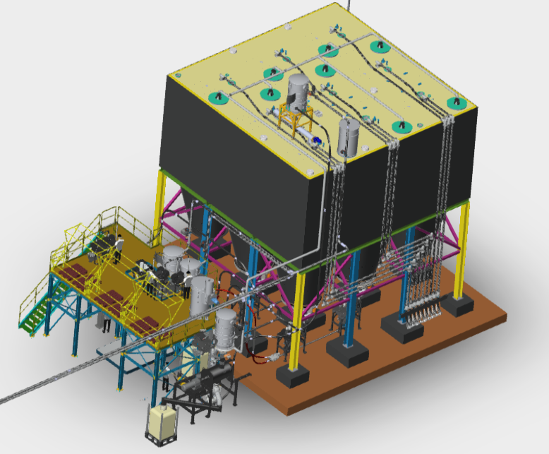 Schweisser arbeitet an blauen Industriemaschinen, Funken sprühen, gelbe Lichtstrahlen darüber.