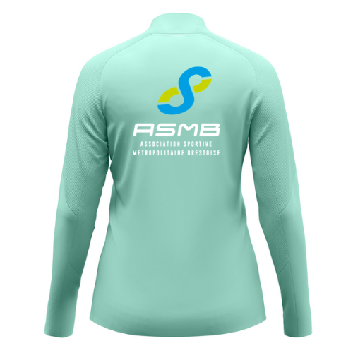 Chemise de sport vert menthe à manches longues et fermeture éclair au quart, avec logos sur la poitrine et les épaules.