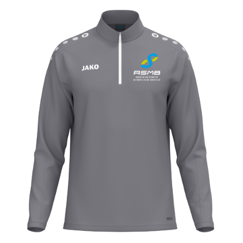 Veste de sport bleu marine zippée avec empiècements blancs aux épaules et logos sur la poitrine