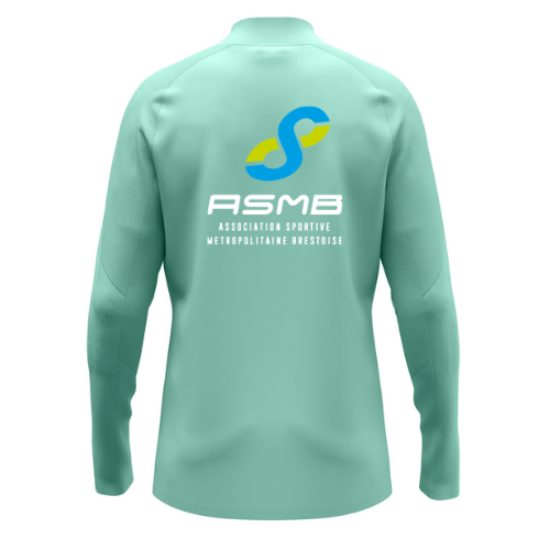 Maillot de sport vert menthe à manches longues, col noir et petit logo sur la poitrine