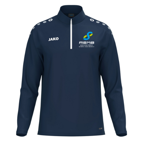 Veste de sport bleu marine zippée avec empiècements blancs aux épaules et logos sur la poitrine