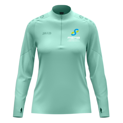 Chemise de sport vert menthe à manches longues et fermeture éclair au quart, avec logos sur la poitrine et les épaules.