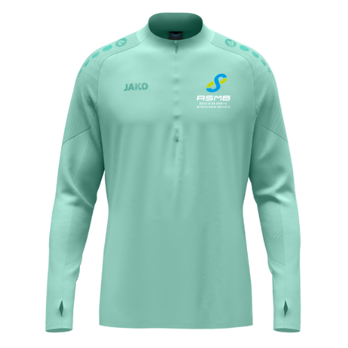 Maillot de sport vert menthe à manches longues, col noir et petit logo sur la poitrine