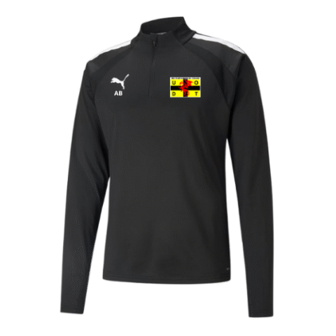 Maillot d'entraînement Puma noir à manches longues avec un petit écusson jaune et rouge sur la poitrine