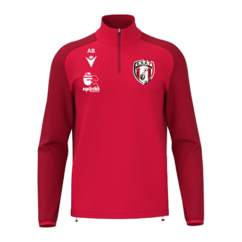 Veste de sport rouge à manches longues et fermeture éclair, avec logos sur la poitrine.