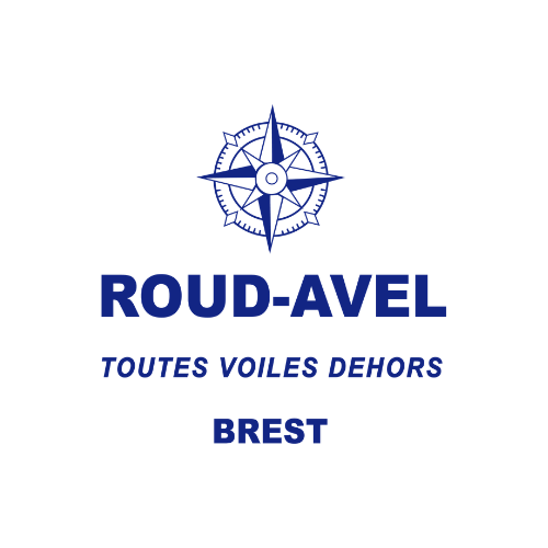 Blue Roud-Avel logo with compass rose and text “TOUTES VOILES DEHORS” and “BREST”
