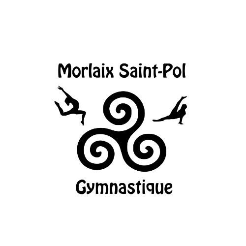 Logo de la gymnastique Morlaix Saint-Pol avec une spirale noire et des silhouettes de gymnastes sur fond blanc