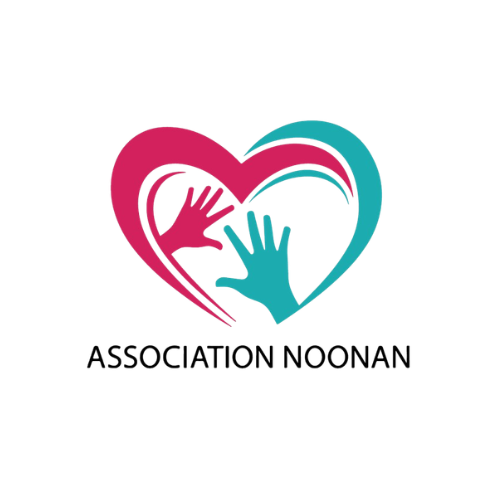 Logo de l'association Noonan avec un motif de cœur et de mains roses et turquoise superposés