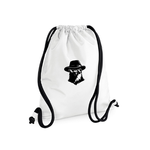 Sac à cordon blanc avec cordon noir et logo noir représentant un visage de hors-la-loi centré sur le devant