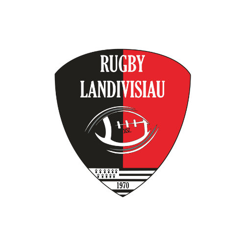 Logo du blason de Rugby Landivisiau en noir, rouge et blanc avec un ballon de rugby et l'année 1970