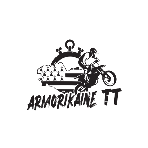 Logo ArmoriKaine TT en noir et blanc avec un motard et un motif d'île stylisé