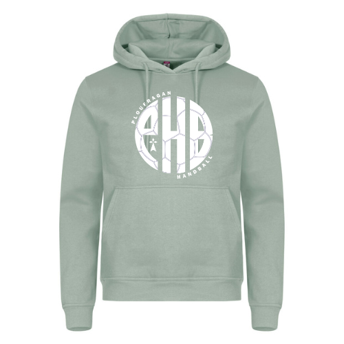 Sweat à capuche gris foncé avec un logo circulaire blanc sur la poitrine.