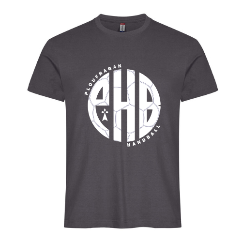 T-shirt gris foncé avec un logo circulaire blanc et du texte sur la poitrine