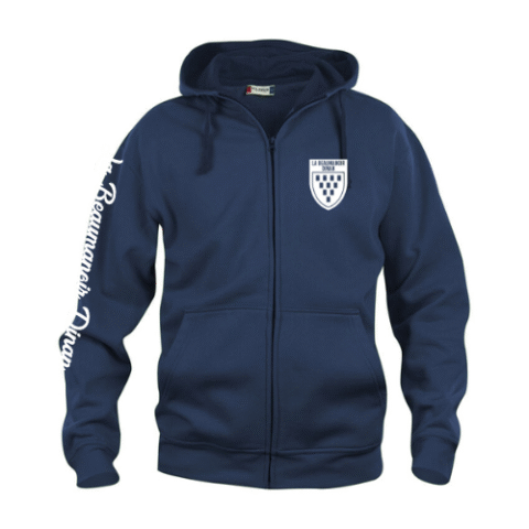 Sweat à capuche zippé bleu marine avec logo blanc sur la poitrine et la manche.