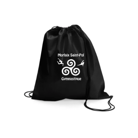 Sac à dos bleu à cordon avec logo et texte blancs sur fond blanc