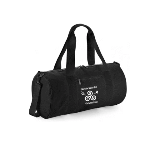 Sac de sport bleu marine avec anses et logo blancs, présenté sur fond blanc