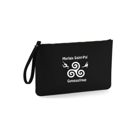 Pochette noire zippée avec dragonne et logo Morton Saint-Pat blanc sur le devant.