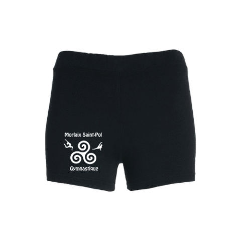 Short de sport noir avec un logo blanc sur le bas de la jambe gauche, isolé sur fond blanc