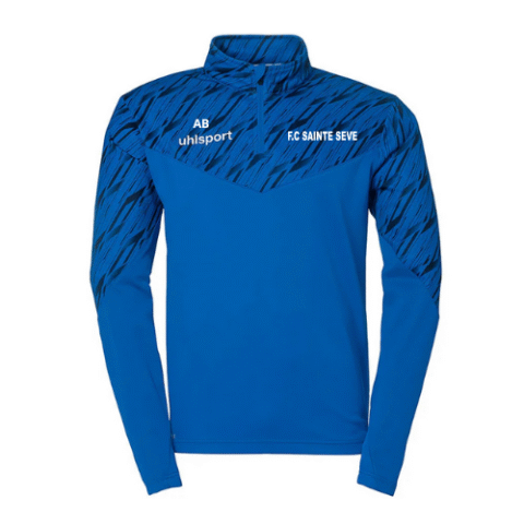 Haut de sport bleu à manches longues avec empiècements noirs à motifs aux épaules et logo blanc sur la poitrine