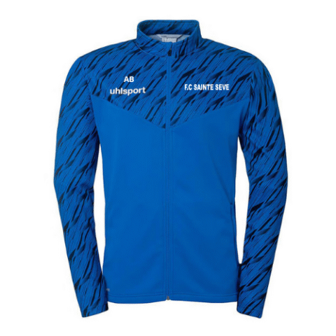 Pull de sport bleu à manches longues et col zippé, avec épaules à motifs noirs et logo EC Sainté