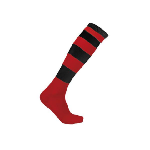 Chaussettes hautes à rayures rouges et noires sur fond blanc